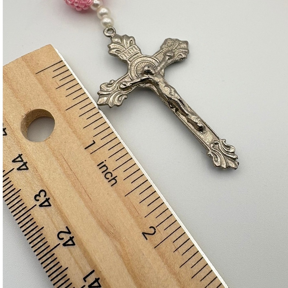 Handmade Pink Seed Bead Faux Pearl Rosary Silver Tone Crucifix Miraculous Medal - Picture 8 of 8